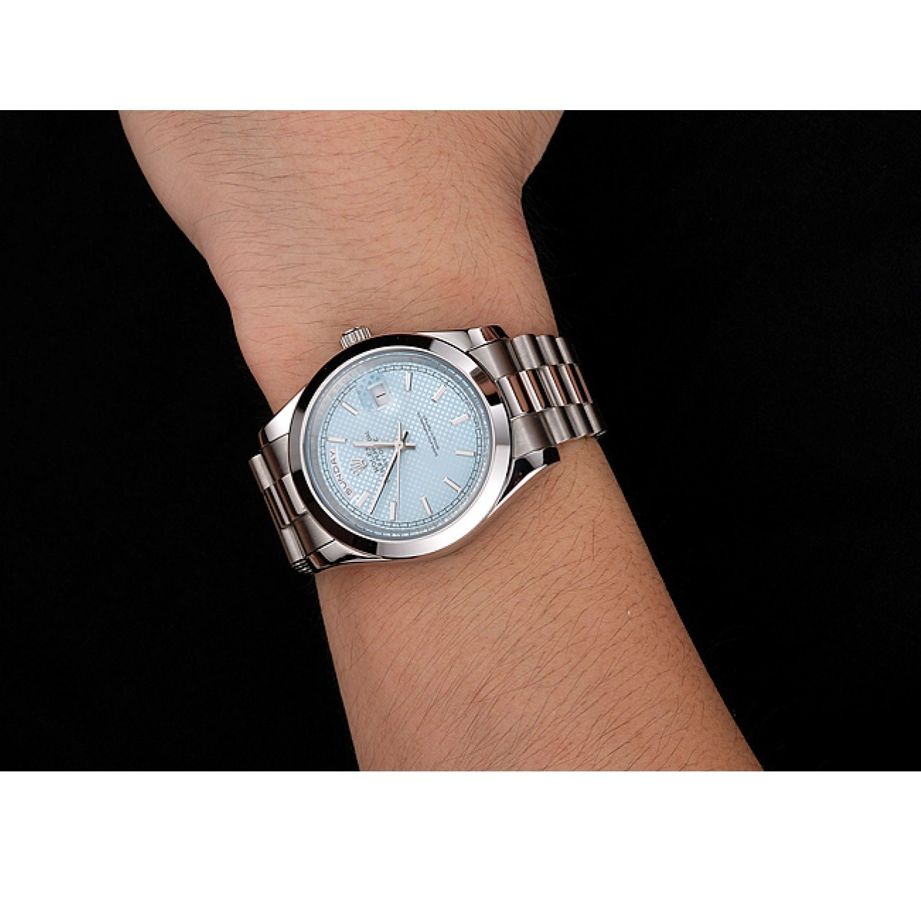 Aaa replica watch Day Rolex Dial Case Bracelet Blue Steel Ice And Date Stainless 40 0702